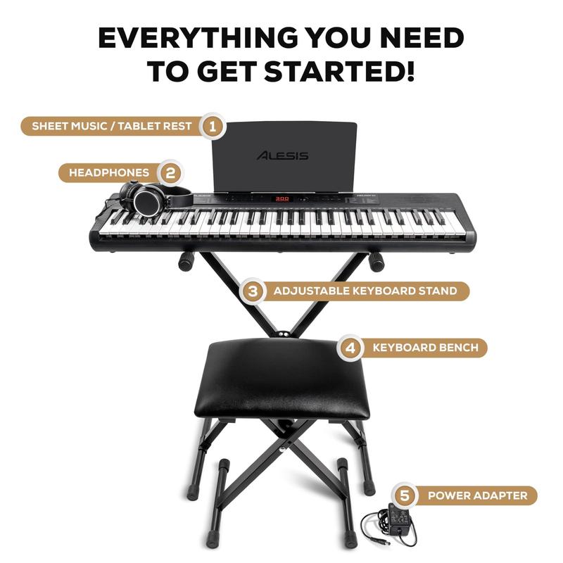 Piano de teclado Alesis Melody 61 para iniciantes com acessório